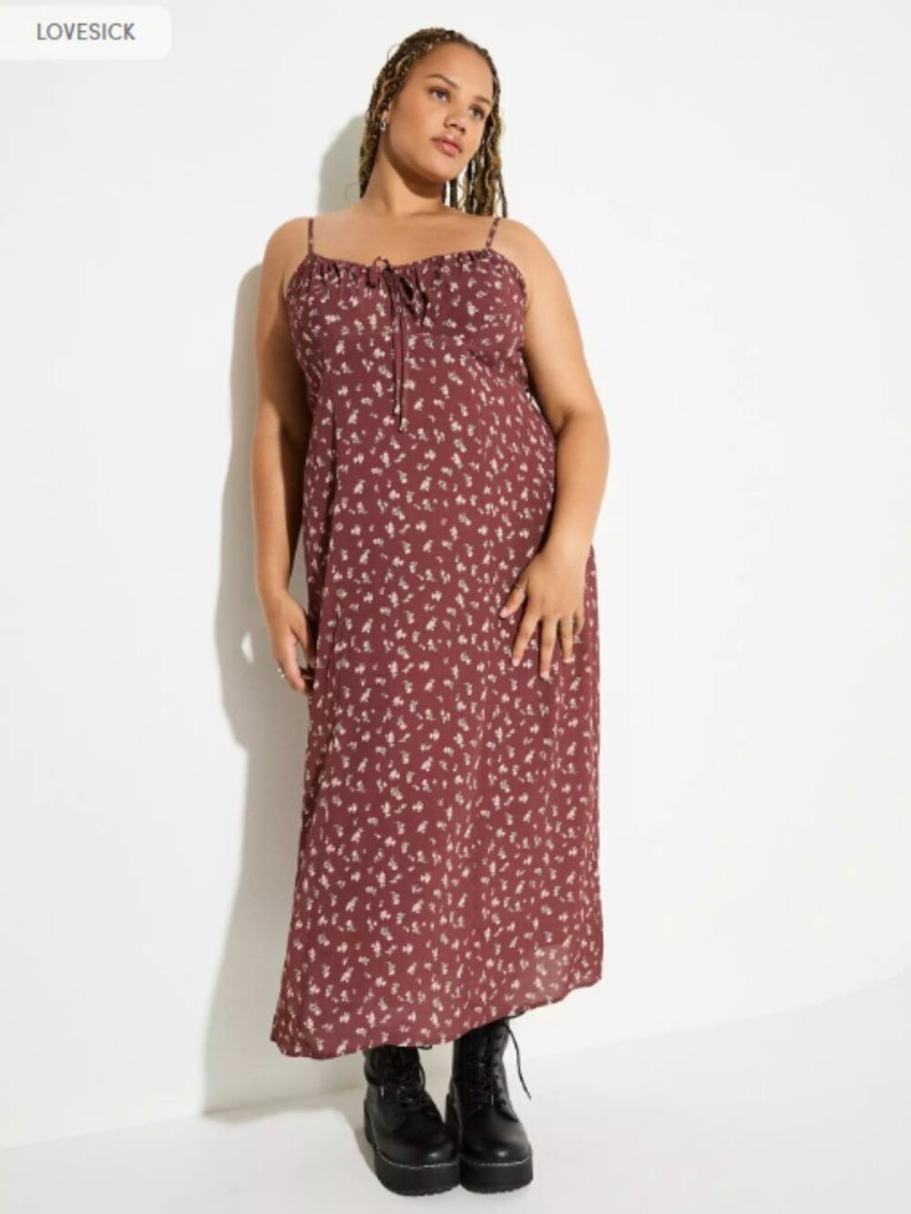 Torrid LoveSick Front-Tie Tea-Length Dress - Dainty petals dusty brown Sz 00/10